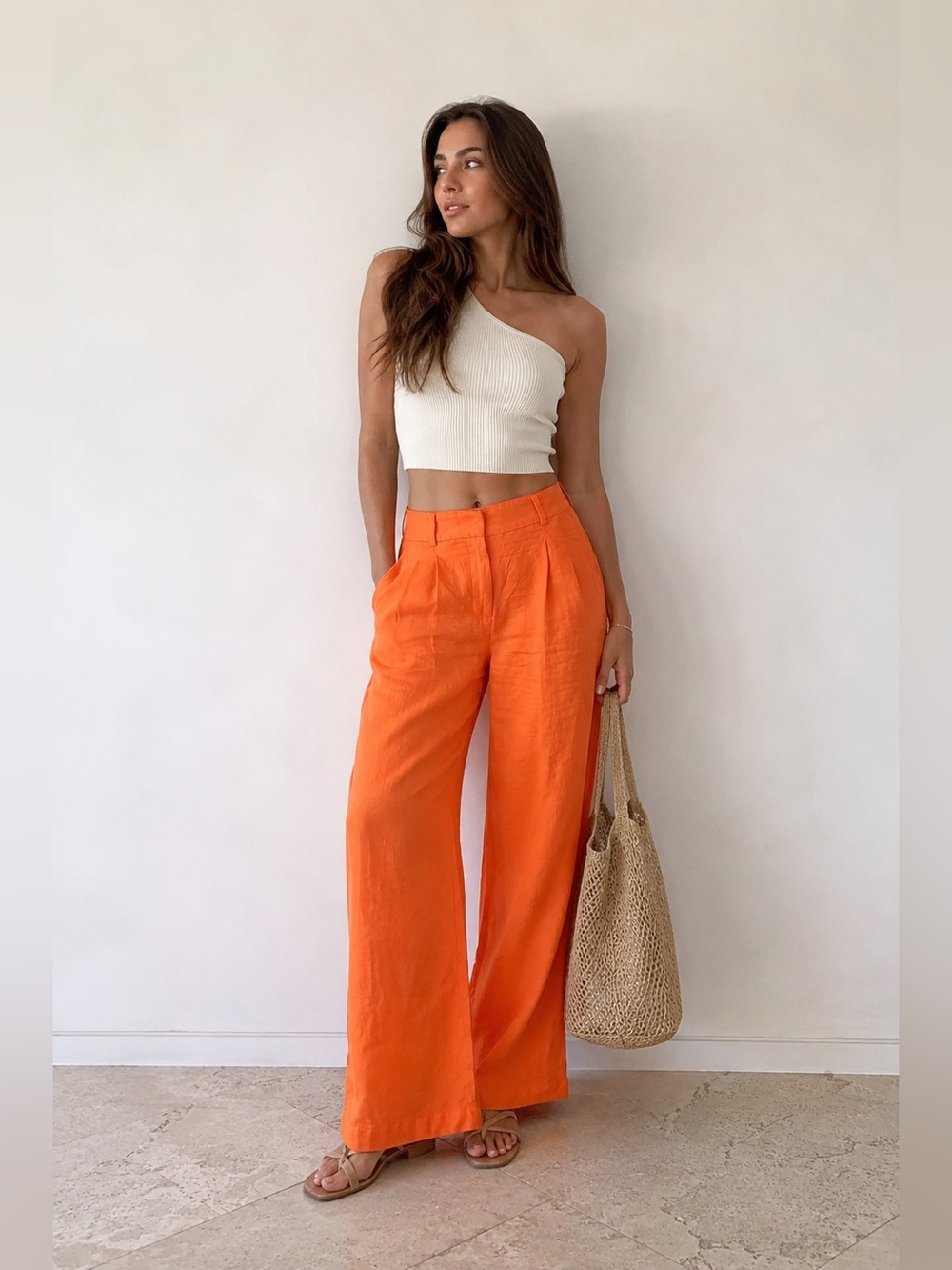 LOFT Orange Linen Blend Wide Leg Pants Size 6 Coastal Vacation Style